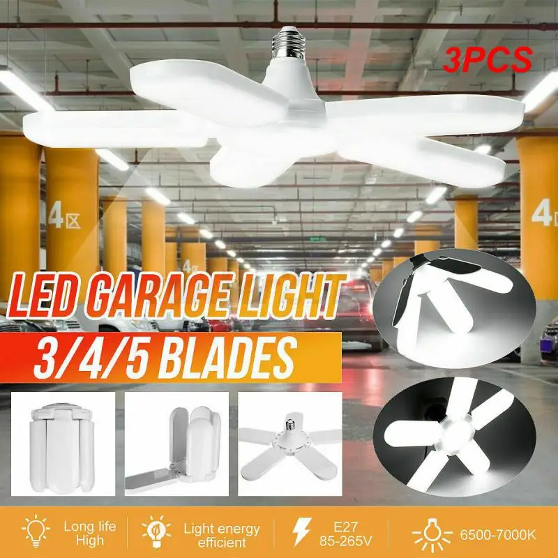 3PCS 20000LM 5+1 Blades Deformable LED Ceiling Garage Light Adjustable Shop Ceiling Lamp For Shop Warehouse Workshop Lighting