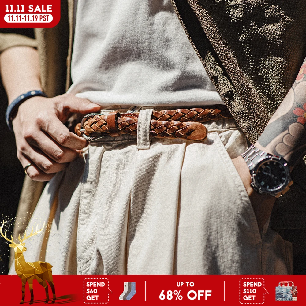 メイデン-男性用ヴィンテージウーブンベルト、野菜の日焼けした牛革、革ベルトアクセサリー、2層の牛革、多用途の茶色のベルト