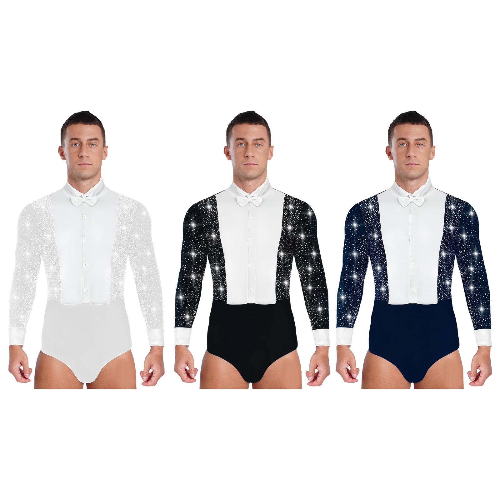 Uomo Camicie da ballo latino Body maniche lunghe Tango Rumba Costume da ballo Strass lucidi Gentleman Top Bowtie Smoking Body