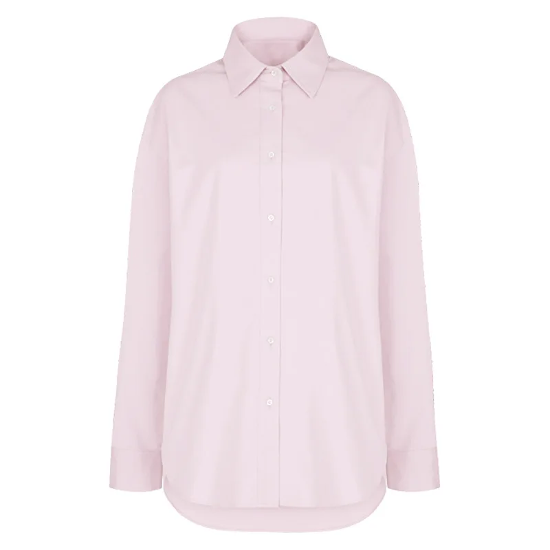 100% Katoenen Damesshirts Casual Kraag Lange Mouw Tops Chique Elegante Roze Blouse Blusa Feminina