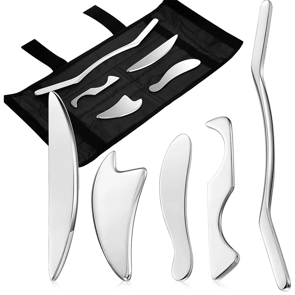 

Профессиональные 5-компонентные скребковые массажные инструменты Гуа Ша из нержавеющей стали, набор для миофасциального высвобождения для терапии мобилизации мягких тканей