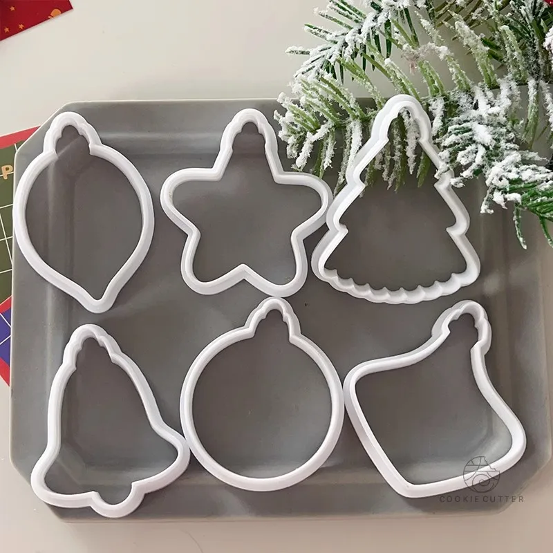 Christmas Hand Pressed Mold Round Star Xmas Tree Cookie Cutter Bell Square Biscuit Stamp Rolling Pin Cake Baking Accessories
