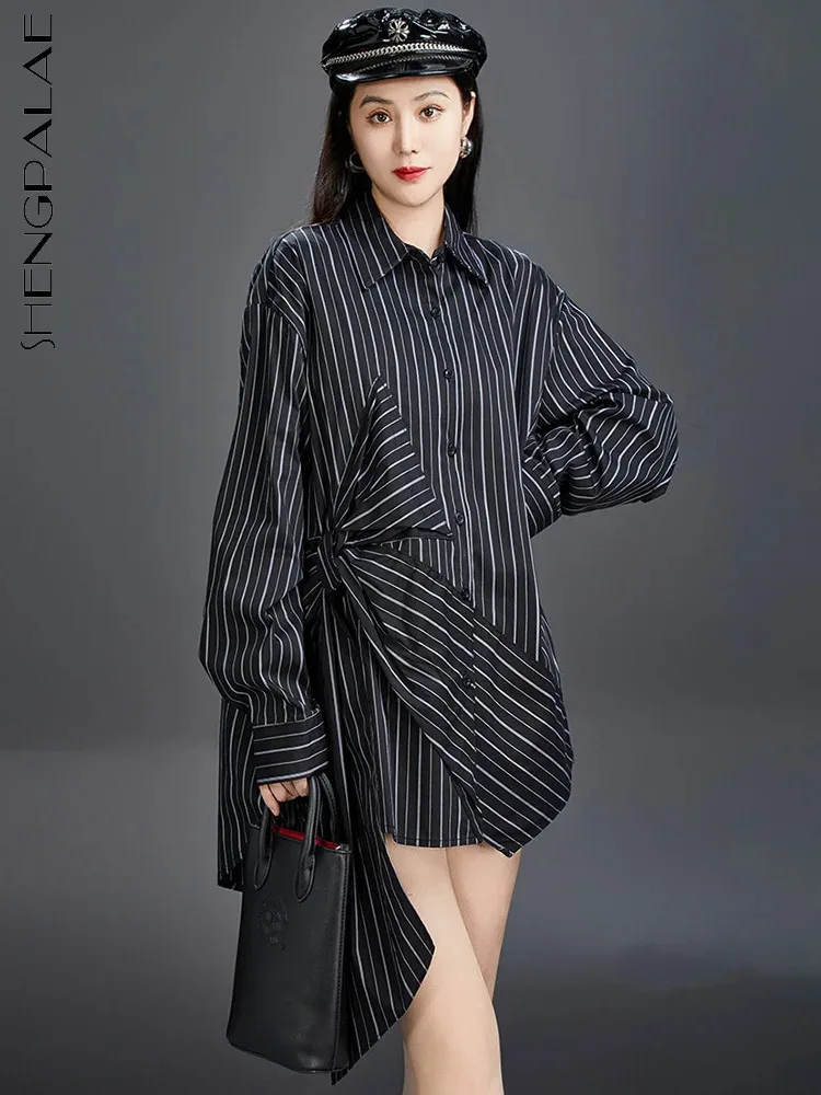 SHENGPALAE Striped Versatile Temperament Blouse 2024 Autumn New Trend Bow Long Sleeved Lapel Shirts Fashion Women\'s Top 5C1414