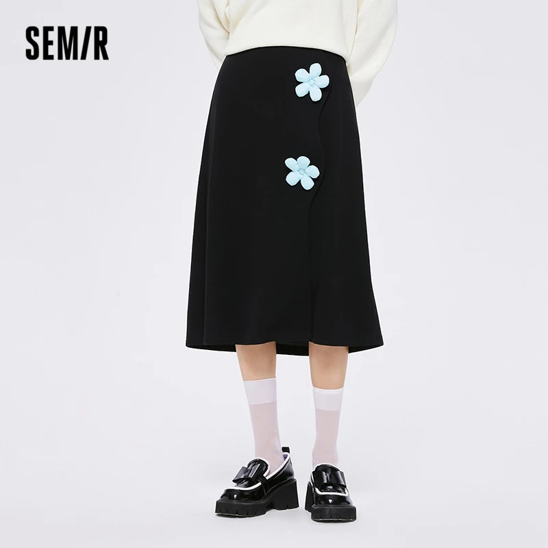 Semir 2023 Women Skirt Girlish Sweet Flower Mid-length Skirt Female Slit Black Knitted Skirt Skirt for Women