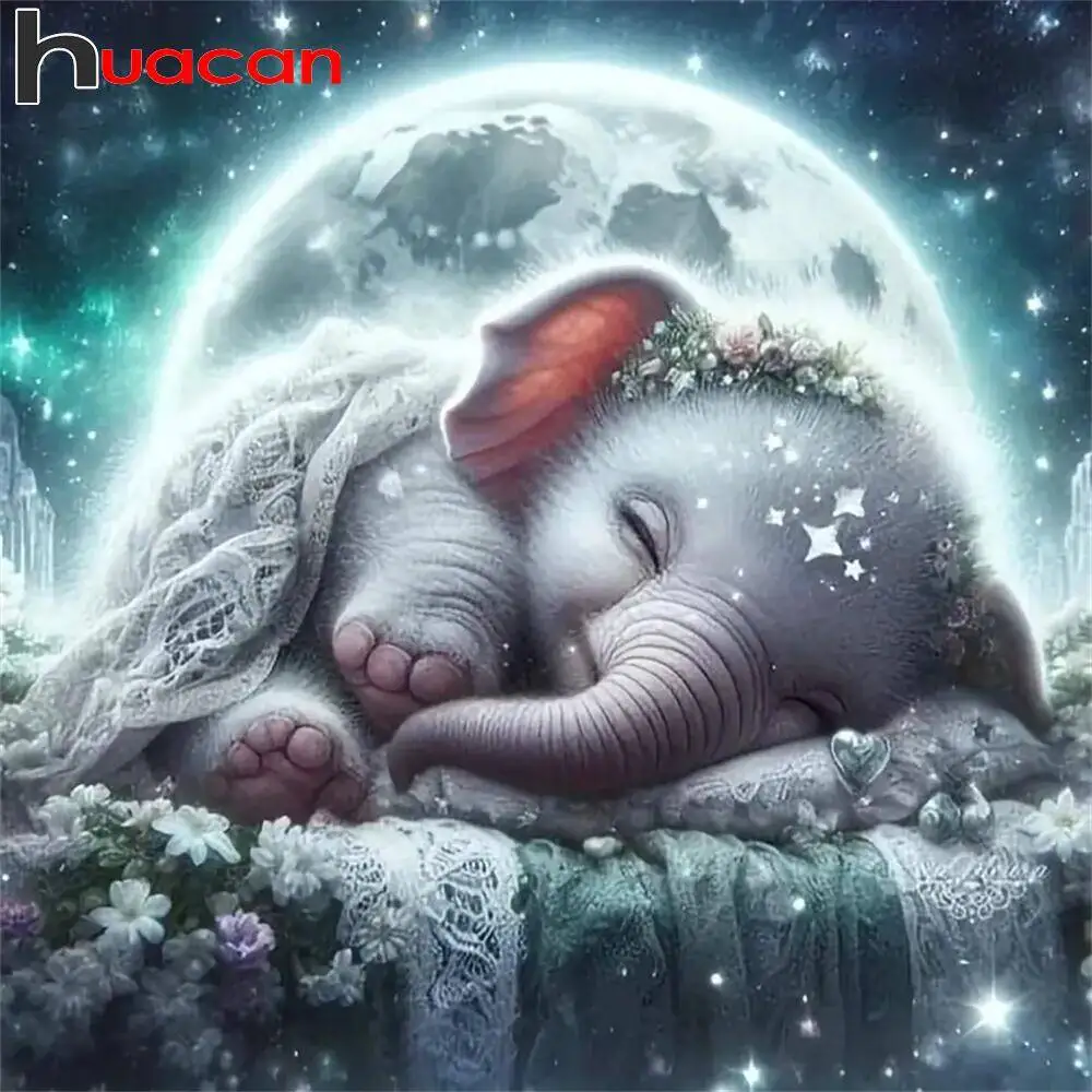 Huacan Diamant-Malerei, Kunsthandwerk, Elefant, Tier, Mond, rund, quadratisch, Diamant-Mosaik, für Zuhause, Schlafzimmer, Wandkunst