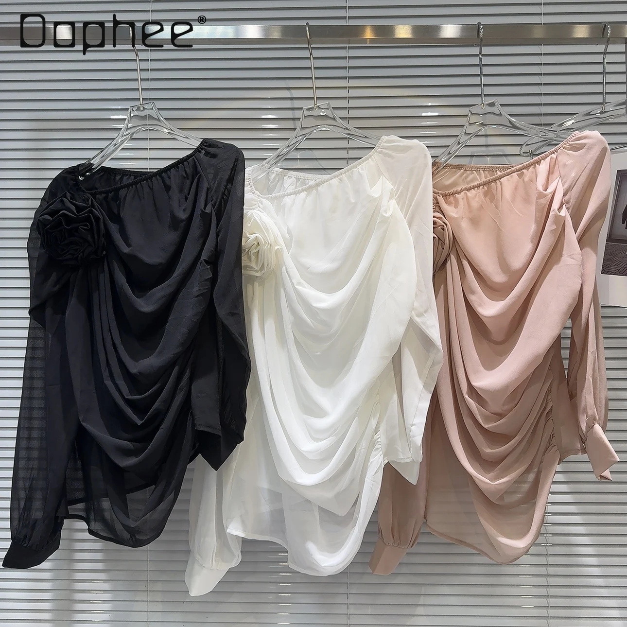 

Socialite Sexy Woman Chiffon Tops Blusa Mujer 2024 Summer New Elegant Flower Off-Shoulder Solid Color Small Shirts for Women