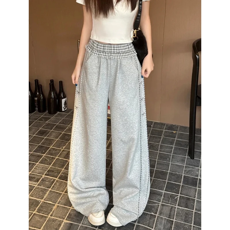

Light Grey High Waist Wide Leg Pants Women Summer Korean Plaid Patchwork Casual Pants Y2K Baggy Streetwear Sports Trousers