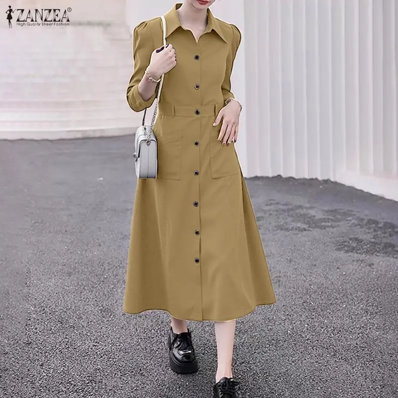 Women Party Robe ZANZEA Long Shirt Vestidos 2025 Autumn Long Sleeve Fashion Lapel Solid Pockets Casual OL Streetwear Maxi Dress