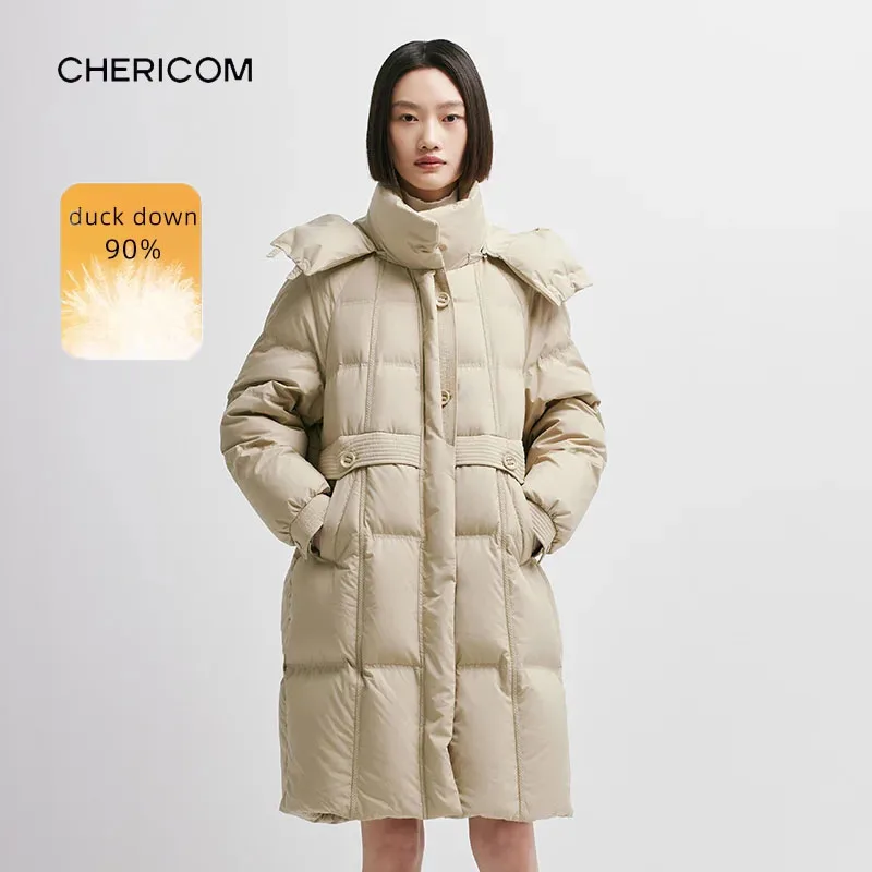 Chericom Women's Long Black Down Coat 90% Duck Down Filling With Detachable Hood Cinched Waist Design Warm Puffer Coats Y298092Y