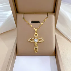 Luxury Zircon Angel Wing Cross Pendant Choker Necklace for Women Men Stainless Steel Chain Jewelry Accessories Gifts for Friends