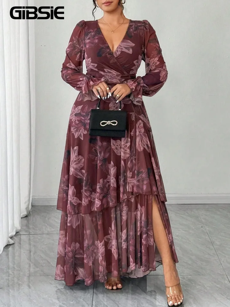 

GIBSIE Plus Size Floral Print Surplice Neck Layered Ruffle Hem Dress Women Spring Vacation Party Elegant Big Swing Long Dresses