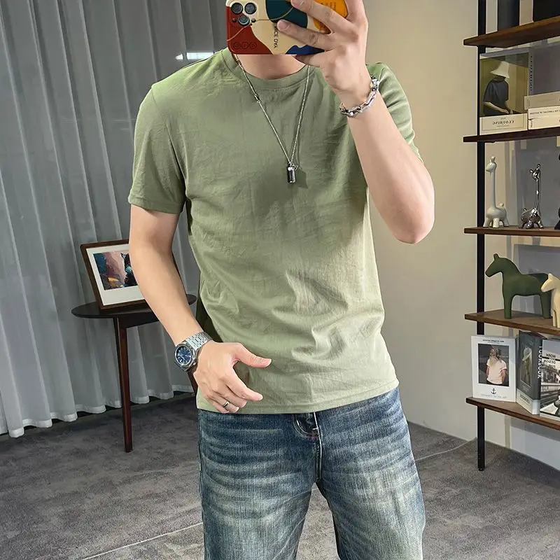 موضة س الرقبة عادية بلون تي شيرت ملابس للرجال 2025 صيف جديد فضفاض كم قصير بلايز الكورية كل مباراة تي شيرت #5
