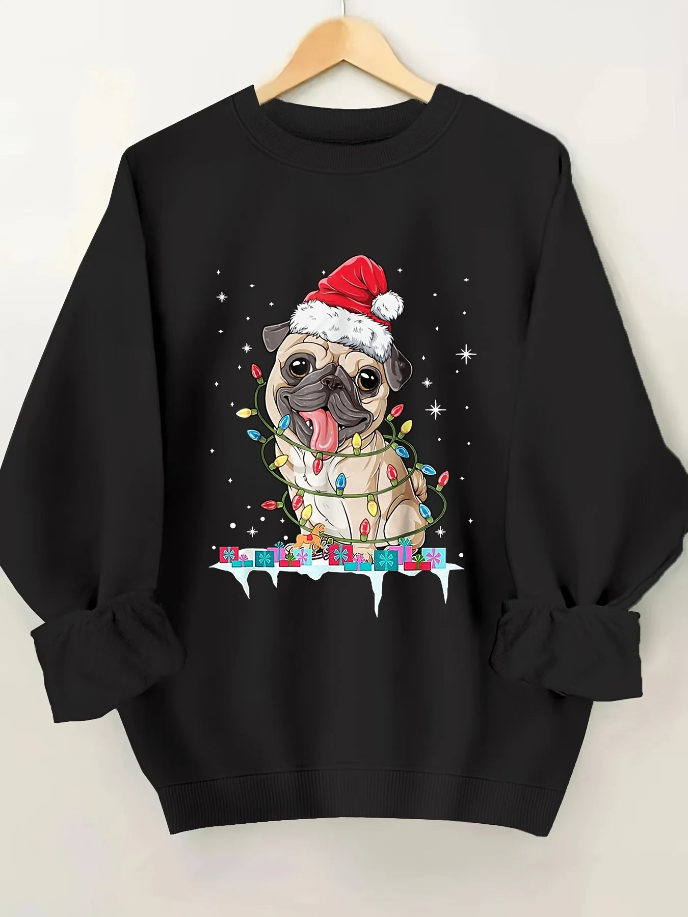 هوديي برقبة دائرية مطبوع عليه كلب فانوس عيد الميلاد، بلوفر كاجوال بأكمام طويلة للخريف والشتاء