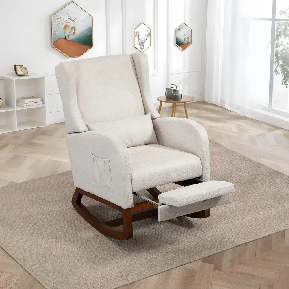 

Modern Rocking , Accent Reading Chair with Pillow and Pocket, Upholstered Lounge Chair with Solid Wood Base