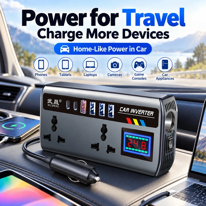 Multi Port Car Inverter 12V 24V To 220V Portable Car Charger Adapter With LCD Screen 220V Socket Cigarette Lighter Expander