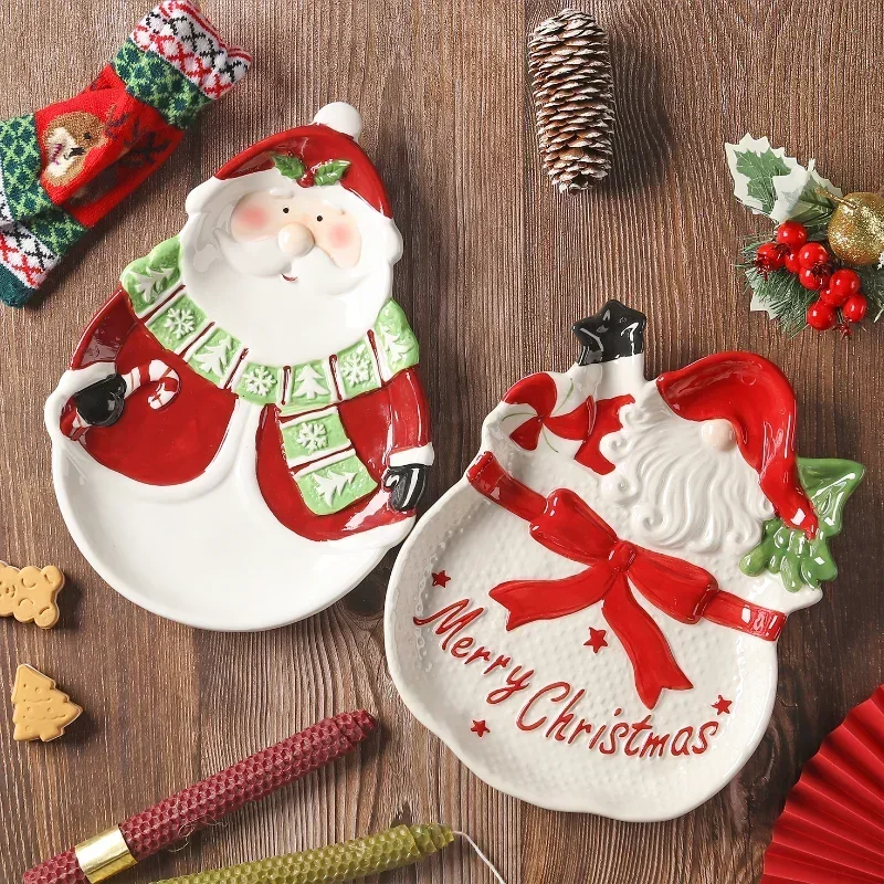 Hand-Painted Three-Dimensional Santa Pine Ceramic Plate Christmas Breakfast Dessert Tableware Unique Fruit Design