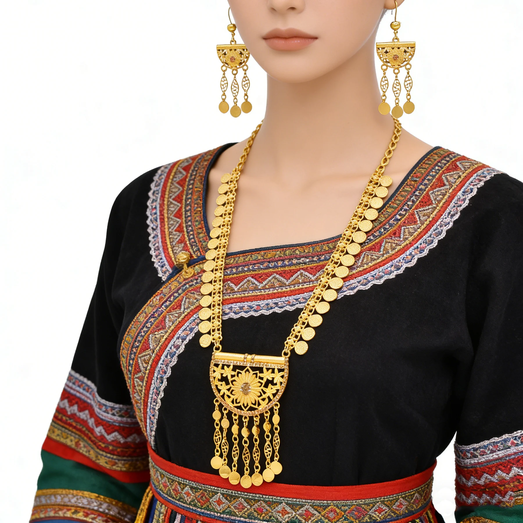 

Hollow Geometry Flower Pendant Crystal Rhinestone Earrings Necklace Sets For Women Ethnic Gypsy Indian Jewelry Bridal Accessory