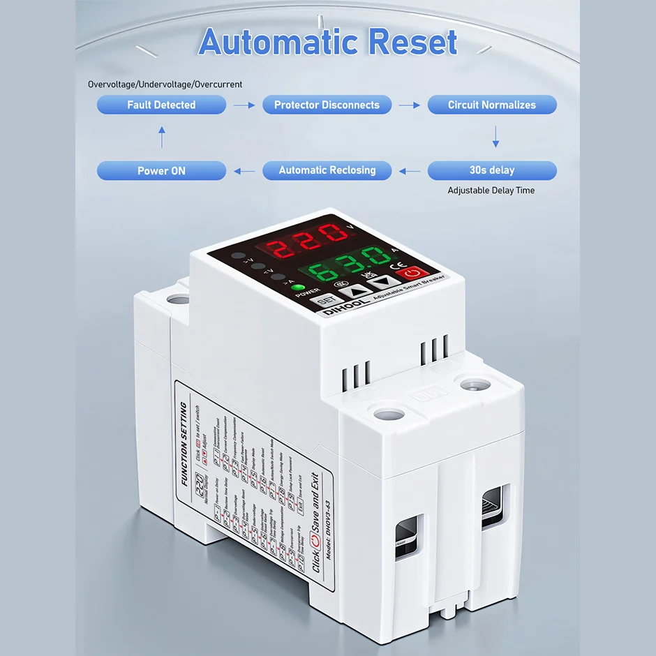 Universeller Einstellbarer Spannungs- und Stromschutz 110/220V 80-300V Einphasiger AC/DC-Schutz 1-63A Selbstrückstellend für Elektrik – Detail 7