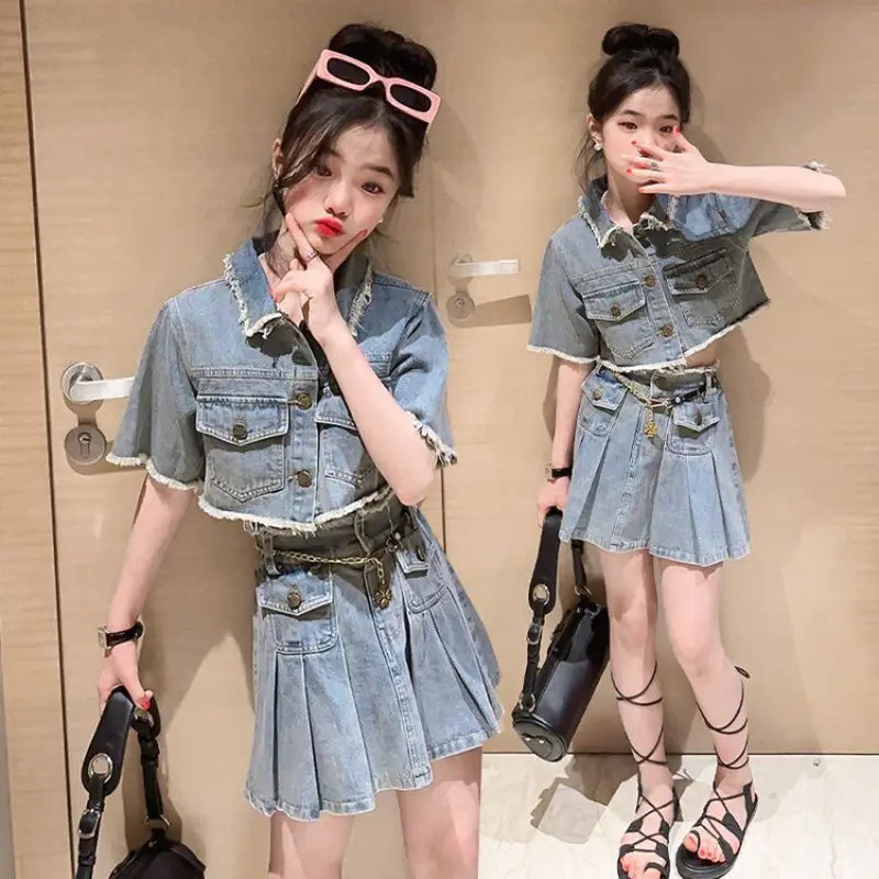 Girls Casual Denim Clothes Suit Summer Teenage Off-The-Shoulder Top+Skirt 2PCS Outfits 4 6 8 10 12 14 Years Costume for Children