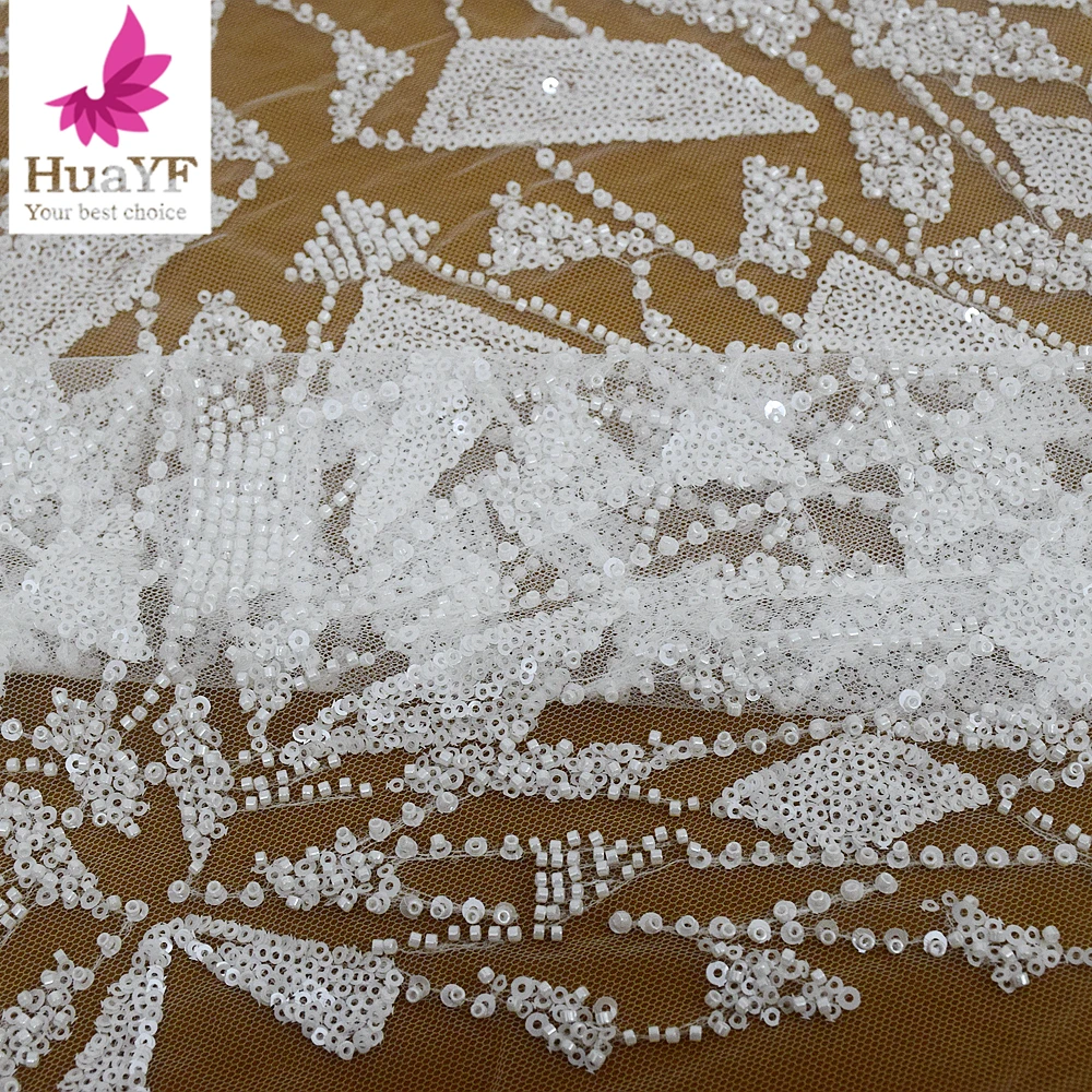 High-end New Luxury White Bead Embroidery Wedding Dress Lace Fabric 5 Yards HY2246