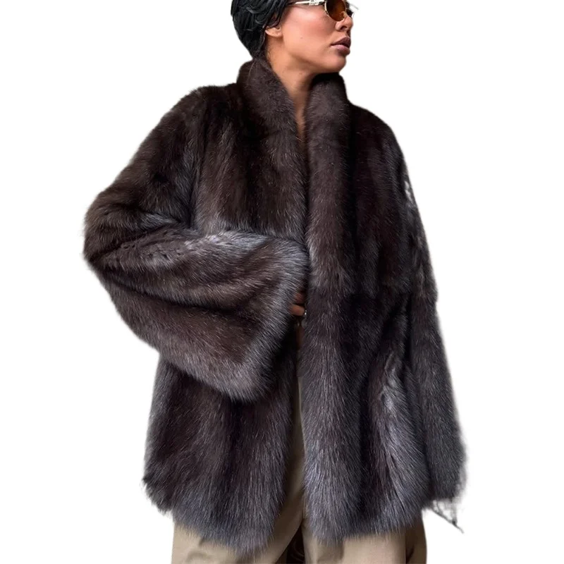 

Luxury Solid Faux Fur Coat Women Fashion V-neck Full Sleeve Fluffy Loose Cardigan Jackets Lady Winter Daily Warm Street Jacket