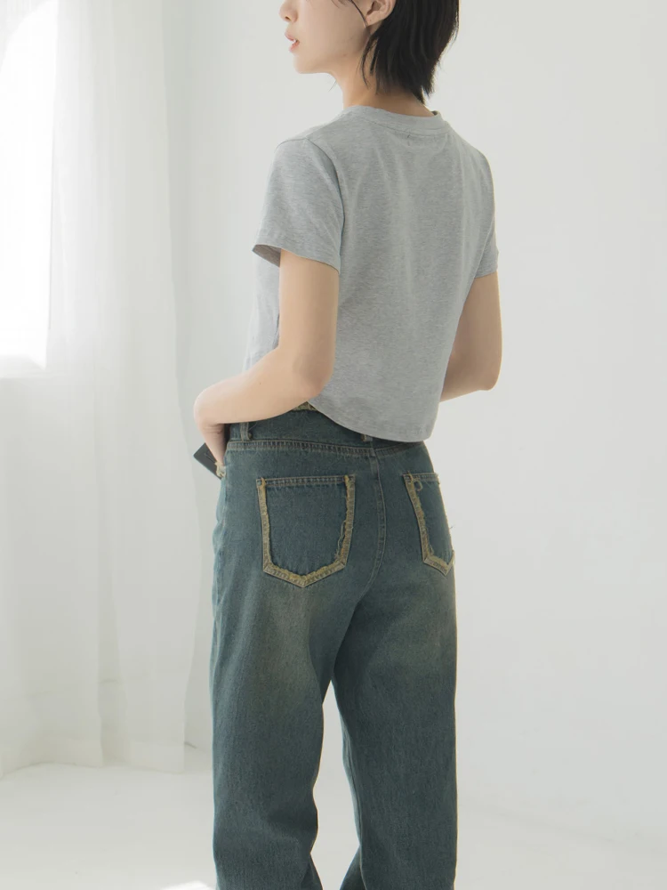 กางเกงยีนส์ผู้หญิง Queenop Retro Sle เอวสูง ทรงตรง หลวม ใส่สบาย ผ้าฝ้าย 100% รุ่นใหม่ล่าสุดสำหรับฤดูร้อน สีบรู๊ด ดีไซน์ขาดๆ