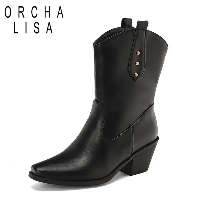

ORCHA LISA 2025 Женские ботинки в стиле вестерн с квадратным носком и блочным каблуком 6,5 см, без шнуровки с заклепками, большие размеры 43 44 45 для отдыха, на каждый день до середины икры Bota