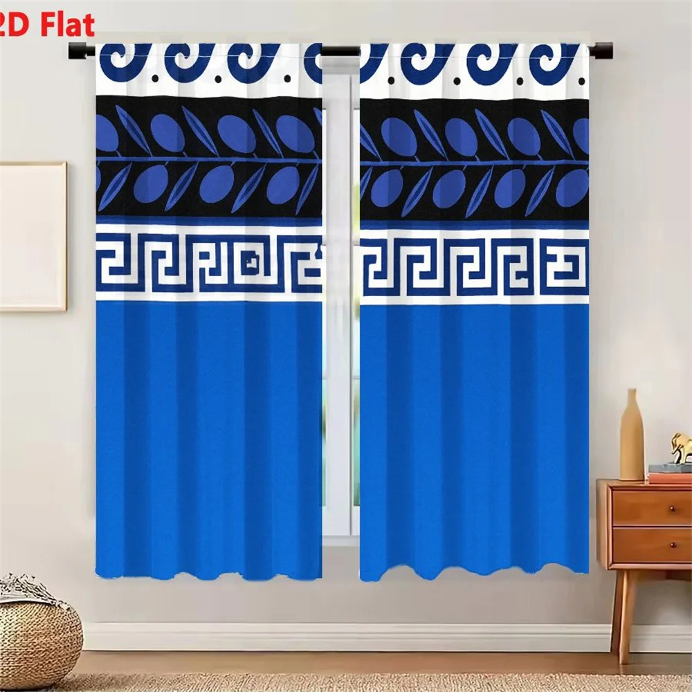 2Pcs Curtains 2D Flat Classical Greek Mediterranean Art Decorative Pattern Horizontal Bands Blue White Black Motifs Swirling Spi