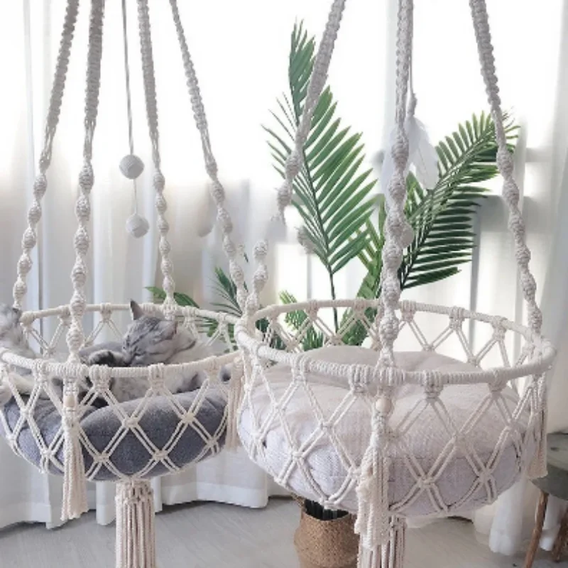 1PC New Pet Hammock Cat Swing Hand Woven Cotton Rope Cats Hanging Basket Kitten Hanging String Den Indoor Pend Nest Pets Supplie