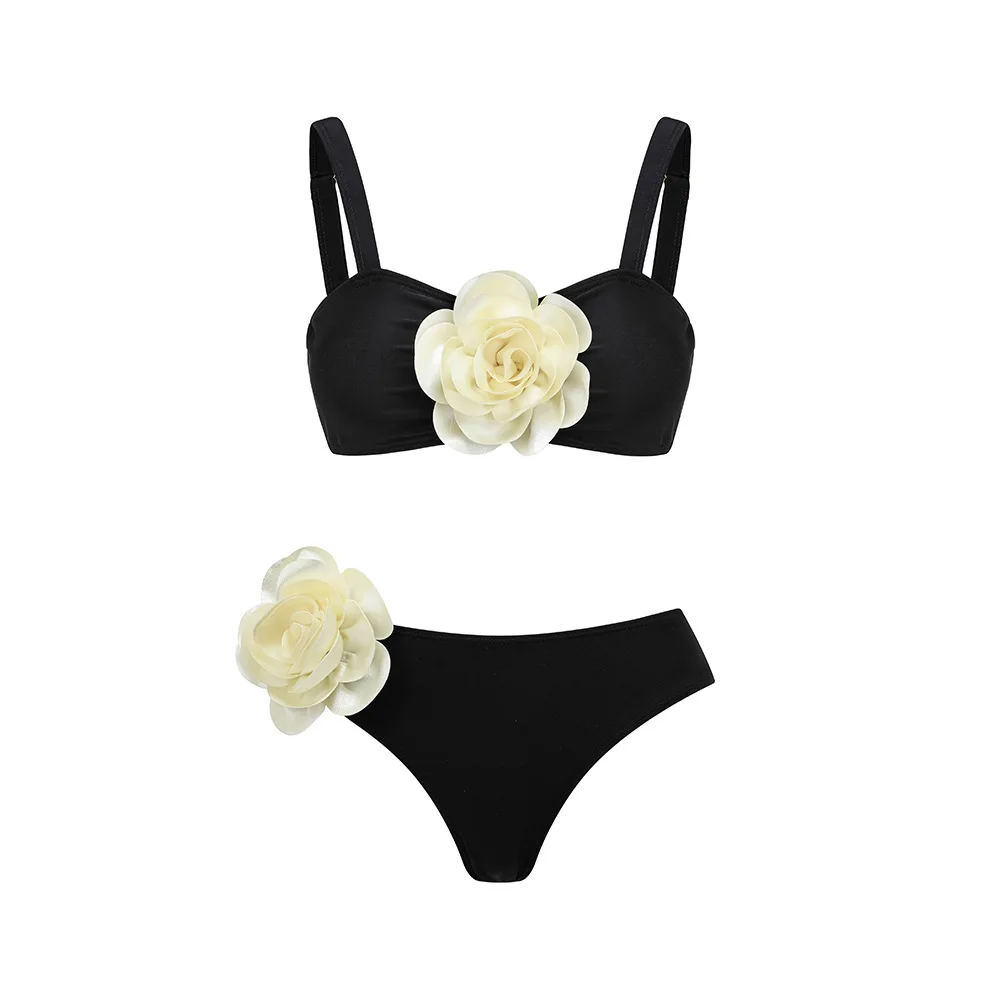 Women Swimsuits Sexy High-Waisted Bikini with Floral Embellishments on Chest and Waist Side