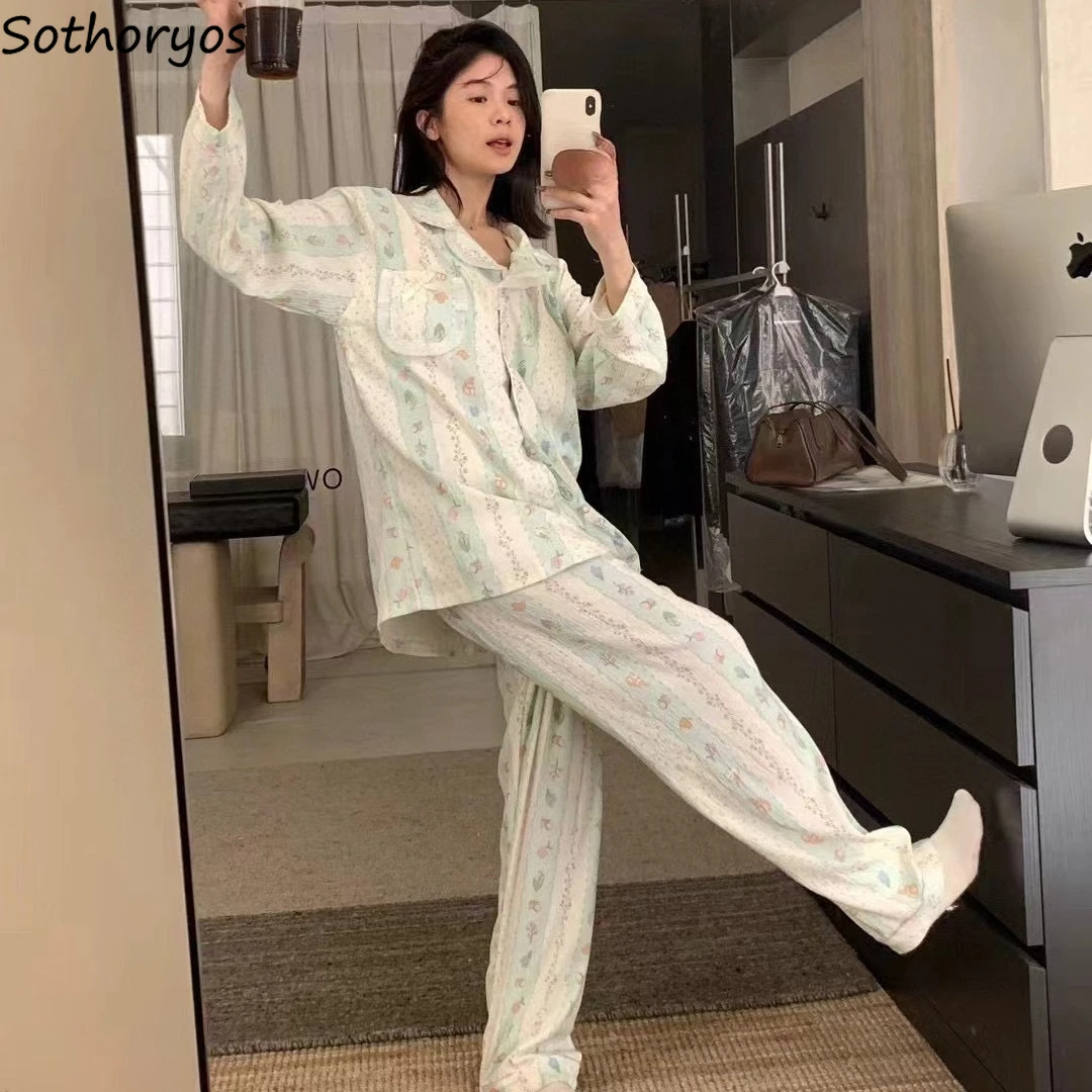 

With Chest Pads Pajama Sets Women Chic Long Sleeve Trousers Printed Turn-down Collar Trendy Sleepwear Homewear Autumn Aesthetic