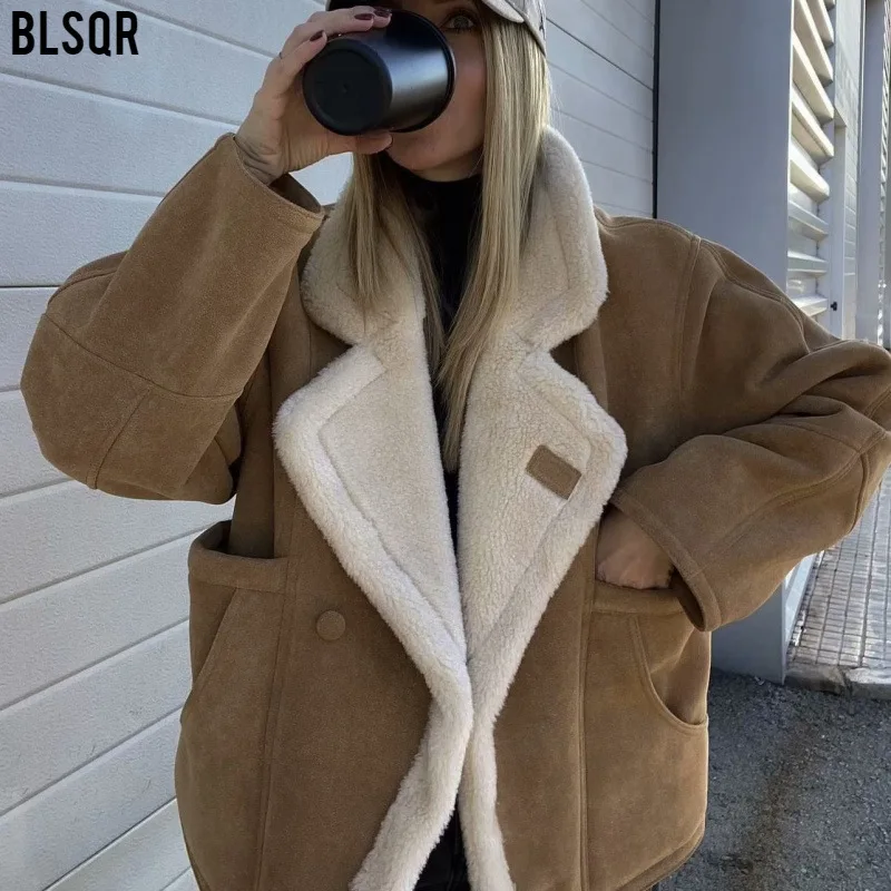 Autumn Winter New Women\'s Fashion Loose Warm Vintage Lamb Wool Coat Pocket Lapel Jacket