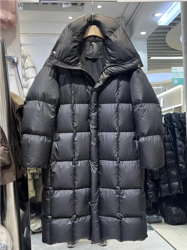 

2025 Winter New Down Jacket Women's Knee Up Collar Embroidered Letter Thickened Loose Straight Tube White Duck Down Coat