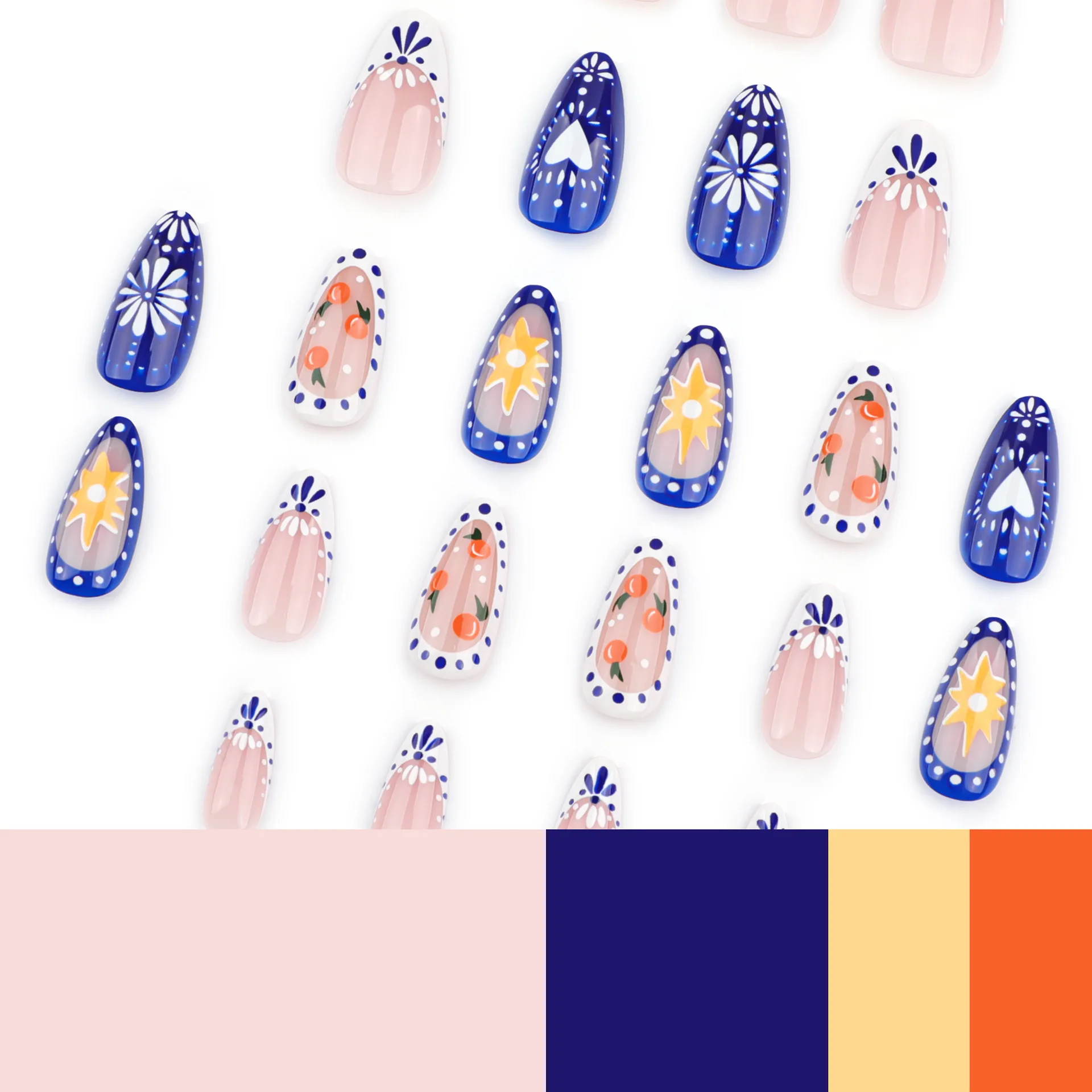 24 STKS Amandel Druk op Nagels met Liefde Blauw Wit Vuurwerk Bloemenprint Manicure Franse Zoete Kleur Ontwerp Verwijderbare Kunstnagels