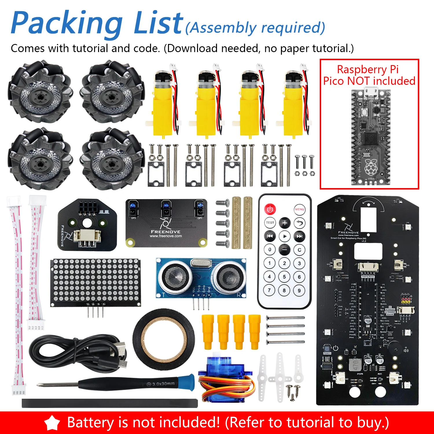 Freenove Mecanum Wheel Car Kit for Raspberry Pi Pico (W), Dot Matrix, Obstacle Avoidance, Line Tracking, Light Tracing, Remote