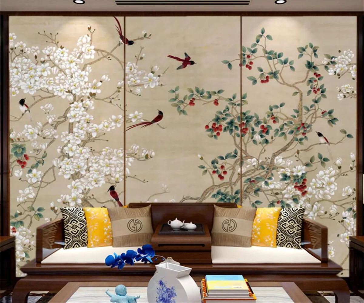 Custom new Chinese style magnolia flowers and birds hand-painted flowers and birds bedroom interior background wall 3d wallpaper