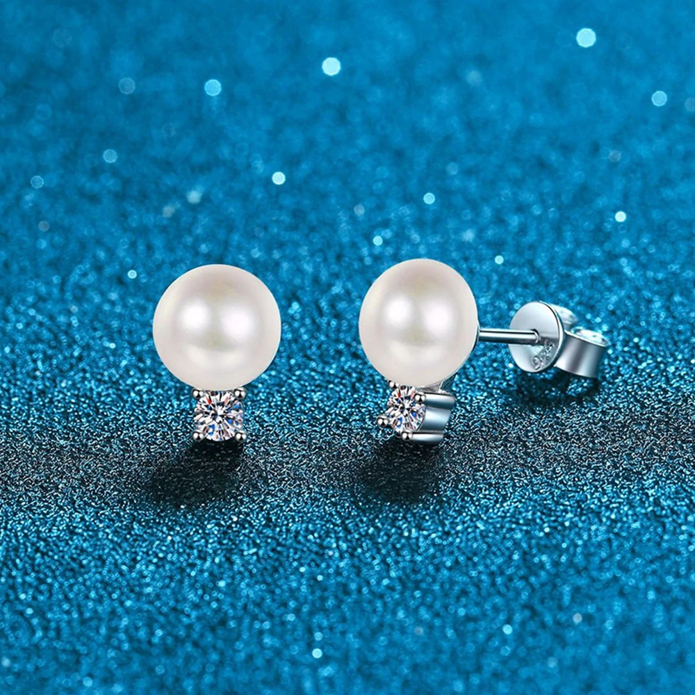 Wong Rain 18K Gold Plated 925 Sterling Silver VVS1 8MM Pearl Real Moissanite D Diamond Stud Earrings Wedding Fine Jewelry GRA