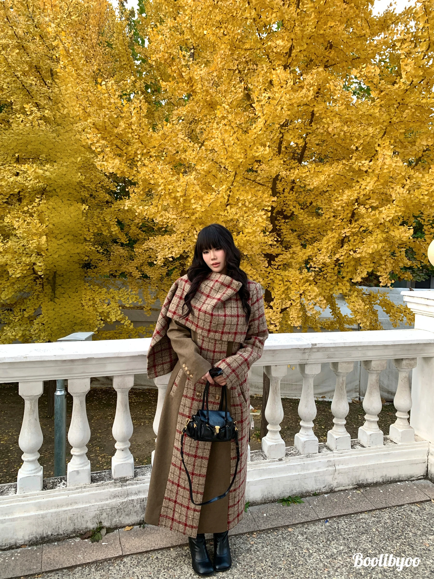 

Шерстяное пальто Boolibyoo Seoul Tour большого размера с клетчатыми вставками, осенне-зимнее, с поясом, твидовое, уличный стиль, длинный рукав