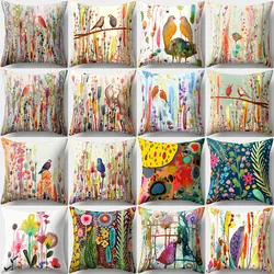 45x45cm Vintage Flower Pillow Case Decor Blue Painting Flower Bird Pillowcase Polyester Cushion Cover for Sofa Car Home Decor