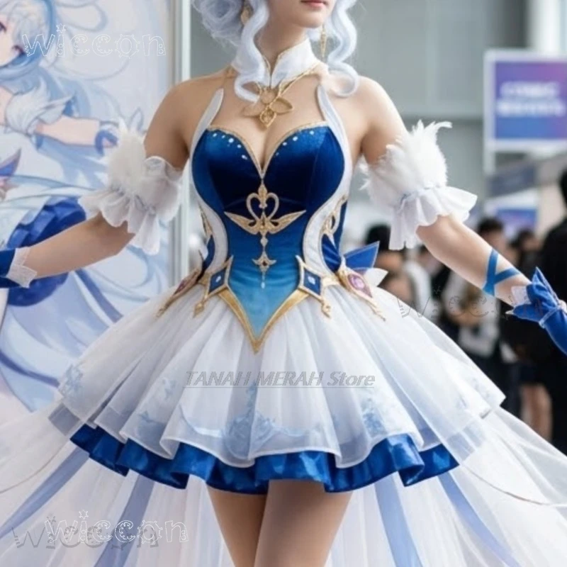 Genshin Impact Odette Ballet - Vestido azul y blanco, peluca y zapatos de Lolita, conjunto de cosplay de Halloween para adultos