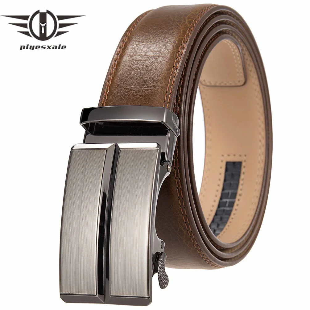 Plyesxale High Quailty Fashion Tan Brown Men's Belt Genuine Leather Trouser Waist Belts Luxury Designer Automatic Buckle B32