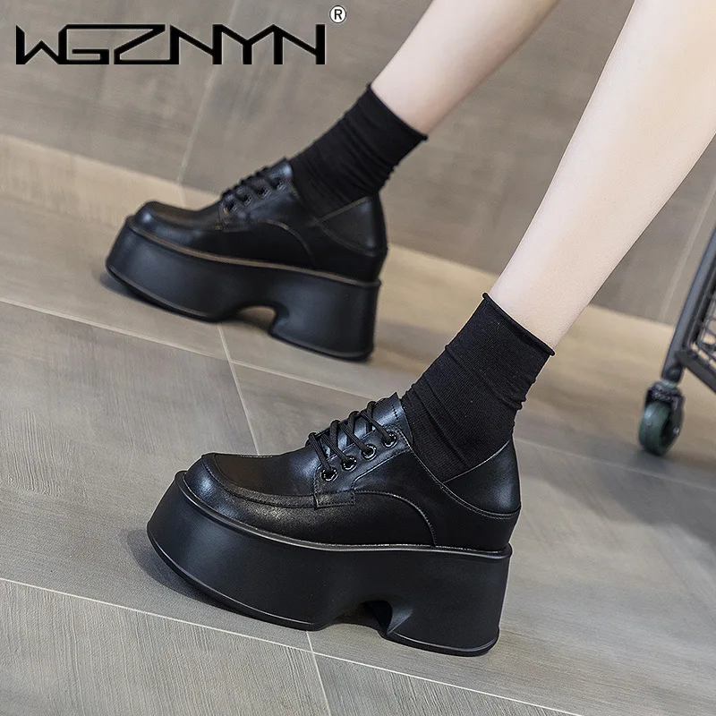 

Модные лоферы на высоком каблуке в стиле панк, элегантные женские туфли-лодочки на платформе с круглым носком, черные туфли на каблуке со шнуровкой, женские дизайнерские кроссовки