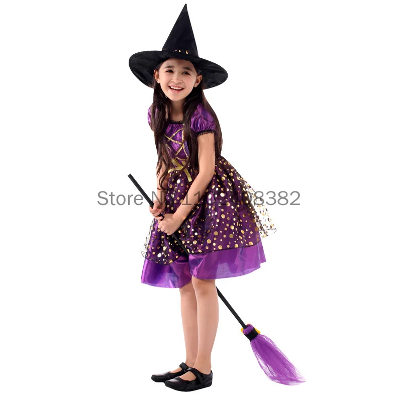 Halloween Witch Costume Children Cosplay Vampire Princess Witch Set Dresses Kids Dress Up Clothes with Hat Carnival Party Gift