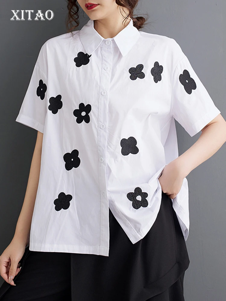 

XITAO Simplicity Women Print Shirt Casual Fashion Loose Turn-down Collar Top 2024 Summer New All-match Short Sleeve Shirt ZY8685