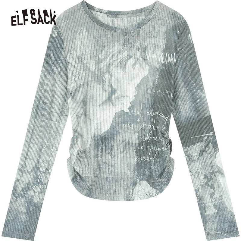 ELFSACK casual crew neck long sleeve slim t-shirt for women 2024 new inside knit fabric printing ventilate soft undershirt top