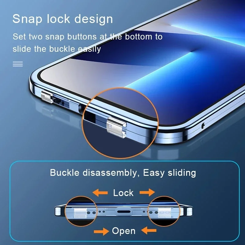 360°Full Protection Metal Magnetic Case For iPhone 12 11 13 15 14 Pro Max 16 Pro Plus Double Sided Glass Snap Lock Bumper Cover