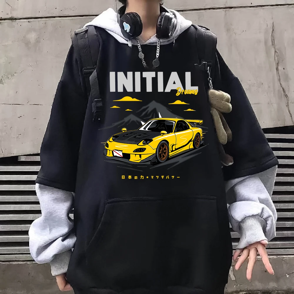 Initial D Hoodie Racing Car Patchwork Sweatshirt Oversized Couple Clothes Mens Hip Hop Streetwear Anime Graphic Print Pullovers