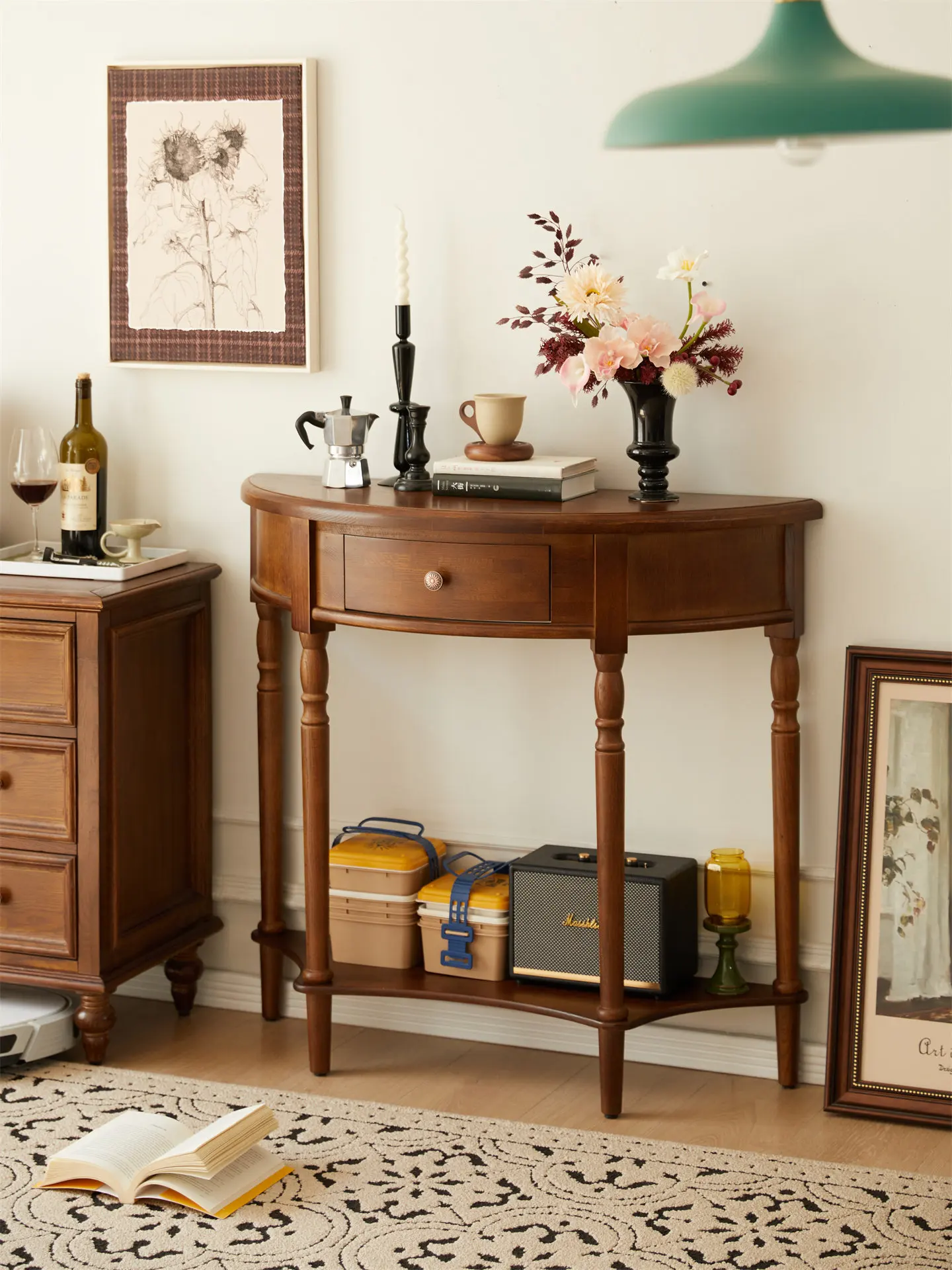 Solid wood entrance cabinet, living room partition storage table corridor, wall semi-round entrance table