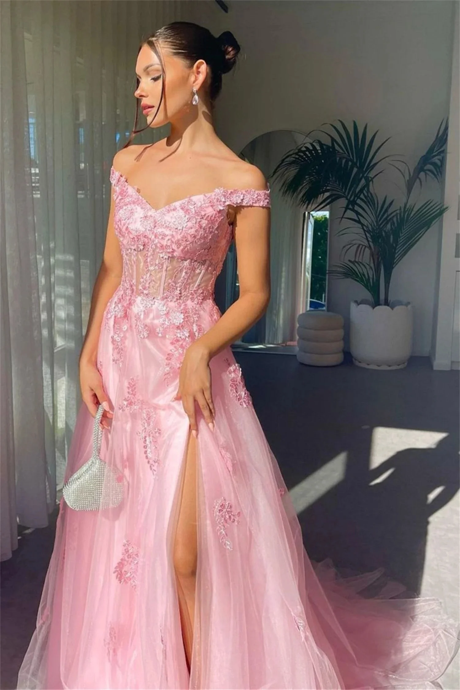 

Pink Slit Long Sleeves Bespoke Occasion Gown Evening Dresses Prom Pastrol Unisex Jersey Retro Dubai Saudi Arabic Customized