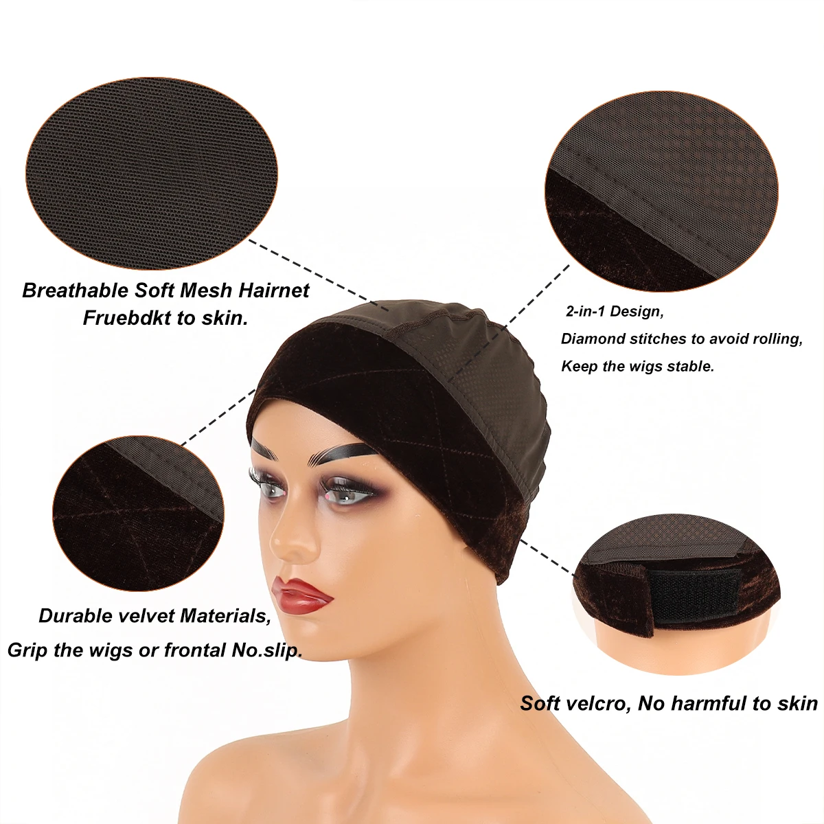 วิกผมสีดํา Grip Cap สําหรับวิกผม 1 ชิ้นปรับกํามะหยี่วิกผม Grip Band กับหมวกสําหรับผู้หญิงสบายระบายอากาศหมวกวิกผม